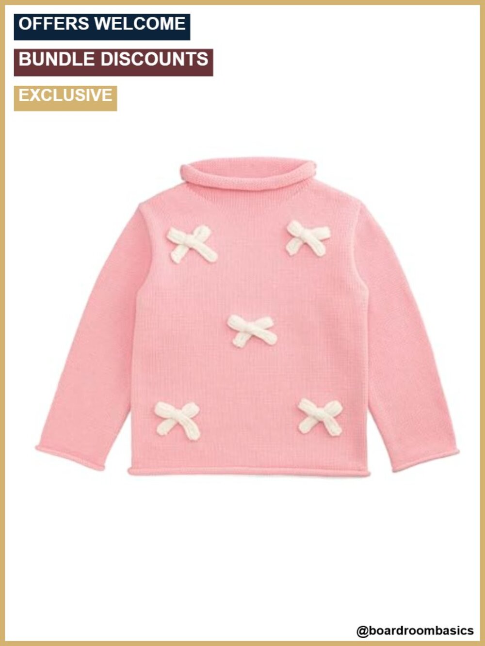 Kids Bow Rollneck Sweater Cotton Pullover Long Sleeve